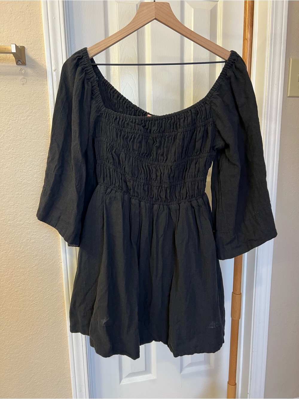 Free People Black Smocked Off-Shoulder Mini Dress